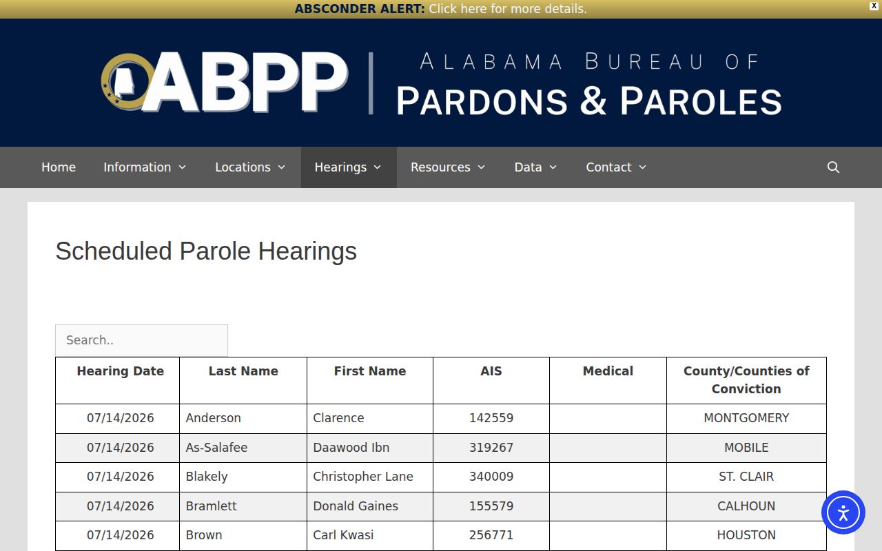 Alabama Bureau of Pardons and Paroles scheduled parole hearings page